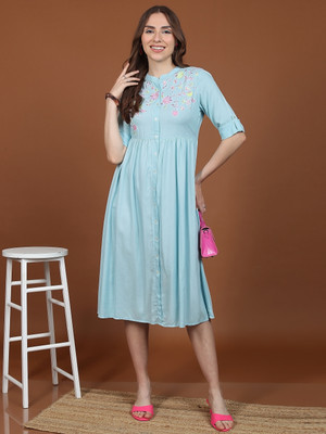 Vishudh Women A-line Light Blue, Pink Midi/Calf Length Dress
