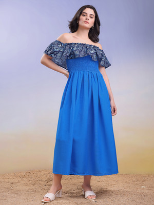 PURVAJA Women Ruffled Light Blue Midi/Calf Length Dress