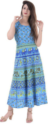 RAJDEVI JAIPUR PRINTS Women A-line Blue Ankle Length Dress