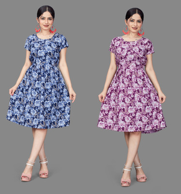 MAHADEV Women Fit and Flare Multicolor Knee Length Dress