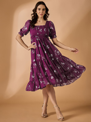 Azira Women Fit and Flare Purple Above Knee/Mid Thigh Length Dress