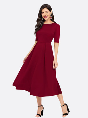 london belly Women Fit and Flare Maroon Midi/Calf Length Dress