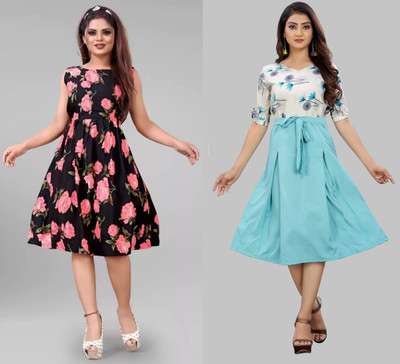 tanvi creation Women Fit and Flare Multicolor Knee Length Dress