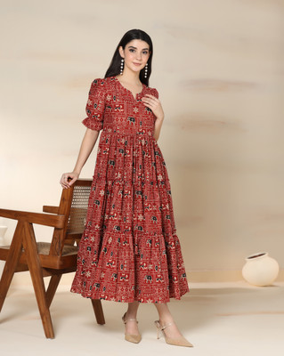 Mizaz Women Fit and Flare Maroon Midi/Calf Length Dress