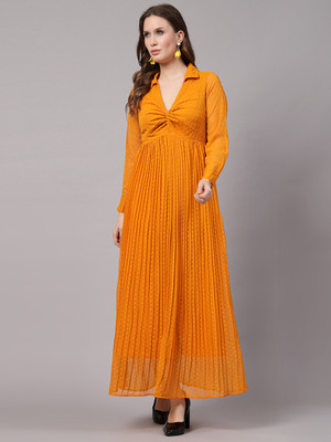 AAYU Women Fit and Flare Yellow Maxi/Full Length Dress
