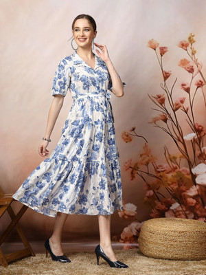 housecollection Women Fit and Flare Blue Midi/Calf Length Dress