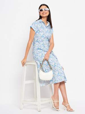 DUKE Women A-line Light Blue, Light Green, White Midi/Calf Length Dress