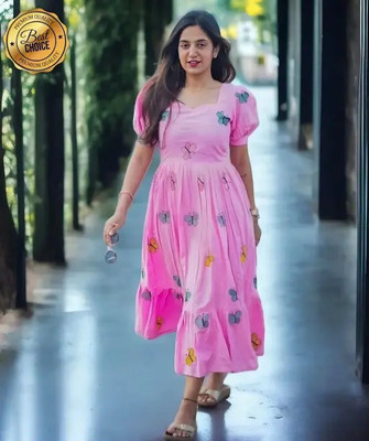sirhon Women Fit and Flare Pink Midi/Calf Length Dress