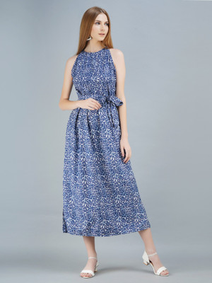 vechii Women A-line Blue Midi/Calf Length Dress