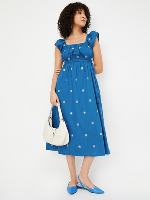 MAX Women A-line Blue Midi/Calf Length Dress