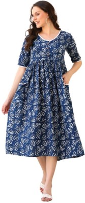 DECKEDUP Women A-line Blue, White Dress