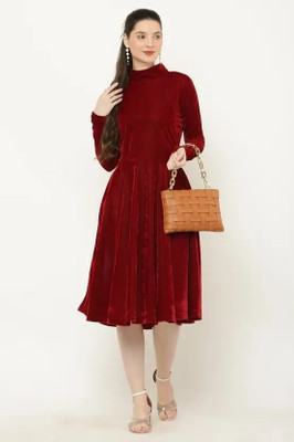 WestCHIC Women A-line Maroon Below Knee Dress
