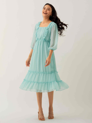 AASK Women Fit and Flare Light Blue Midi/Calf Length Dress