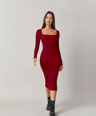Alekya Women Bodycon Maroon Midi/Calf Length Dress