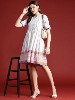 ANOUK Women A-line White Knee Length Dress