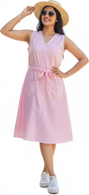 Designally Women A-line Pink Below Knee Dress