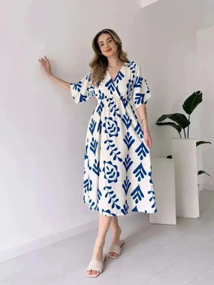 Herway Women Fit and Flare Blue, White Below Knee Dress