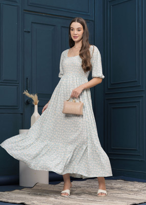 GLAMALUE Women Fit and Flare Grey Maxi/Full Length Dress