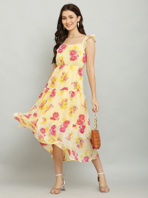 Absorbing Women A-line Yellow, Grey, Pink Dress