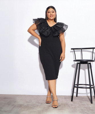 SASSAFRAS Curve Women Bodycon Black Below Knee Dress