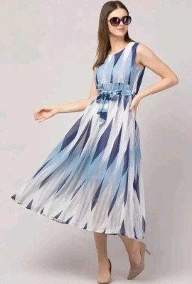 Arif fashion Women A-line Blue, White Midi/Calf Length Dress