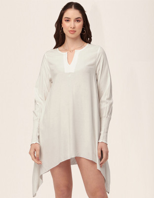 moomaya Women Asymmetric White Above Knee/Mid Thigh Length Dress