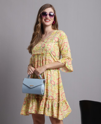 Rajnandini Women A-line Yellow Above Knee/Mid Thigh Length Dress