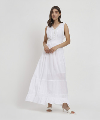 Veldress Women A-line White Maxi/Full Length Dress