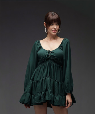 TANDUL Women Fit and Flare Green Above Knee/Mid Thigh Length Dress