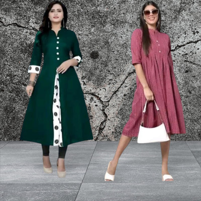 Texpamz Women Striped A-line Kurta(Green, Maroon)
