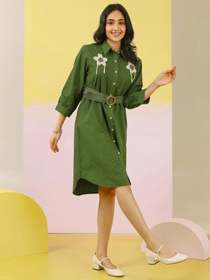 ZUMMER Women Shirt Green Knee Length Dress