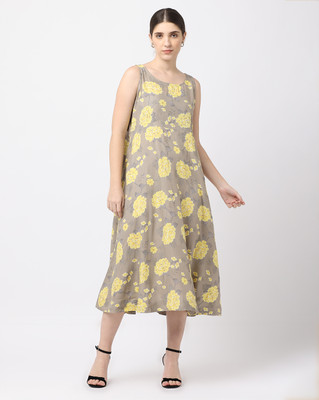 Black & Blah Blah Women Ethnic Dress Grey Midi/Calf Length Dress