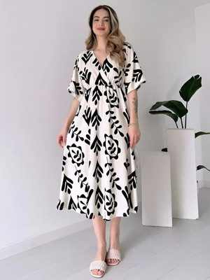 Fashion2wear Women Fit and Flare Black, White Below Knee Dress