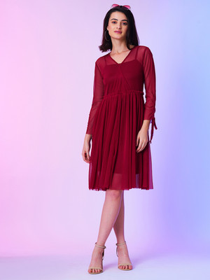 Globus Women Fit and Flare Maroon Knee Length Dress