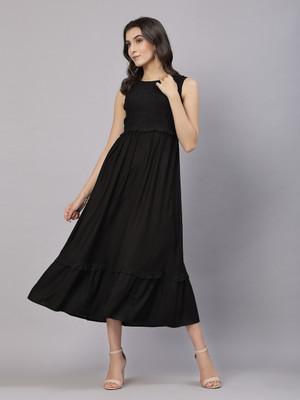 AAYU Women Fit and Flare Black Midi/Calf Length Dress