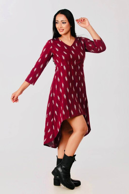 Abravi Women High Low Maroon Above Knee/Mid Thigh Length Dress