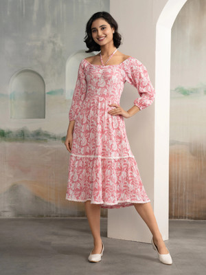 AASK Women Tiered Multicolor Midi/Calf Length Dress