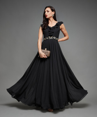 Miss Chase Women Ruffled Black Maxi/Full Length Dress