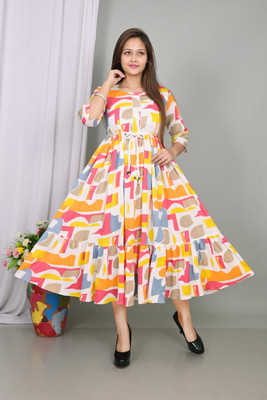 ITC FASHION Women Fit and Flare Yellow Midi/Calf Length Dress