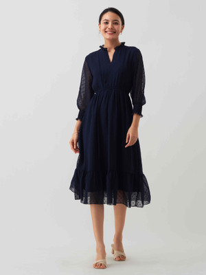 AASK Women Fit and Flare Dark Blue Midi/Calf Length Dress