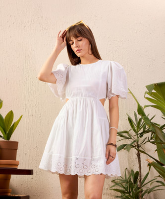 SASSAFRAS Women Skater White Above Knee/Mid Thigh Length Dress