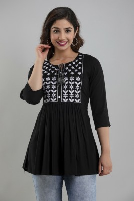 ASHISH PRINT Casual Embroidered Women Black Top