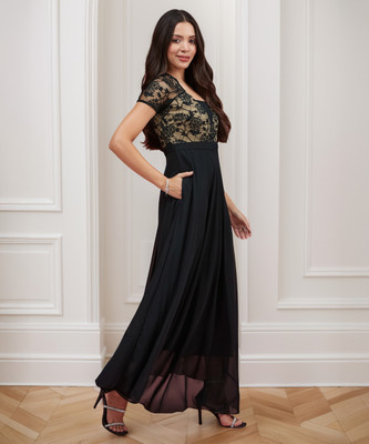 Miss Chase Women Gathered Black Maxi/Full Length Dress