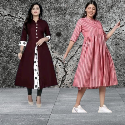 Texpamz Women Striped, Solid A-line Kurta(Red, Pink)