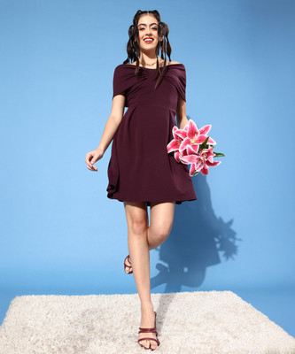 ATHENA Women Fit and Flare Purple Above Knee/Mid Thigh Length Dress