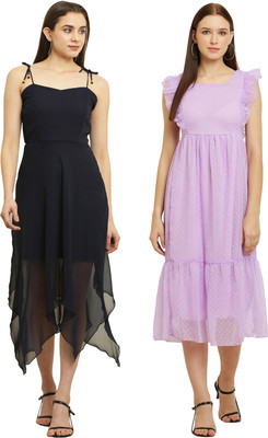 Hunoor Women High Low Black, Purple Knee Length Dress