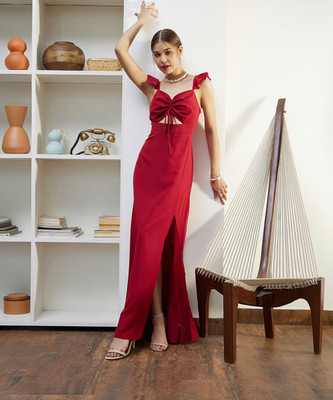 Berrylush Women Bodycon Red Midi/Calf Length Dress
