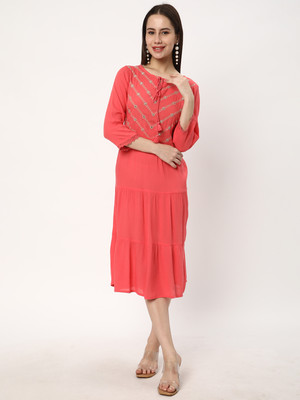 R&B Women A-line Orange Midi/Calf Length Dress