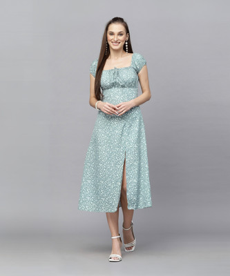 AAYU Women A-line Light Green Midi/Calf Length Dress