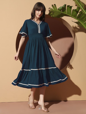 ZWERLON Women Fit and Flare Green Midi/Calf Length Dress